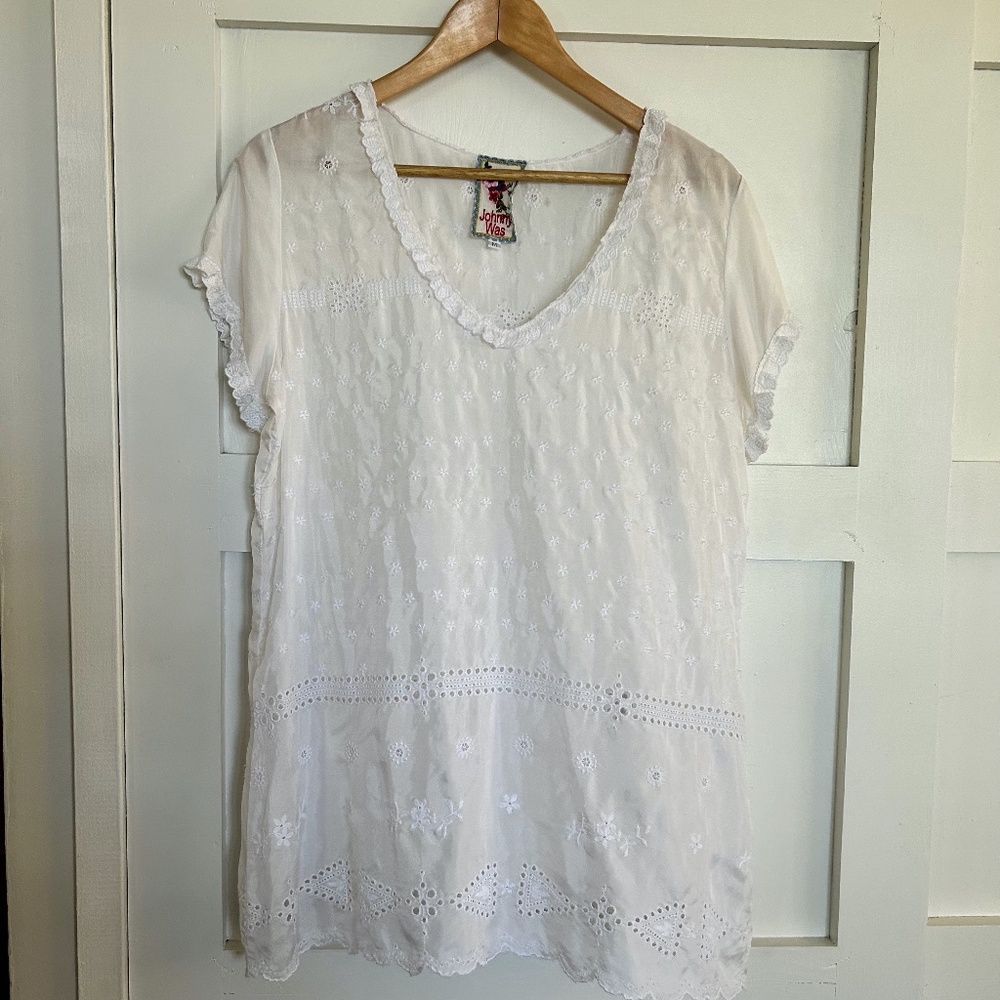 Johnny Was Silk Eyelet Blouse, Medium, White